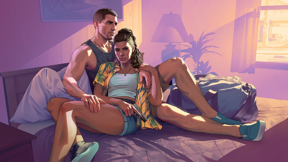 Official Grand Theft Auto VI key art: Lucia and Jason outside a motel at dusk